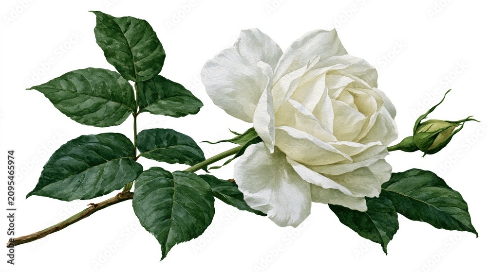 Obraz premium Exquisite White Rose Blossom with Bud and Green Leaves, Elegant Floral Illustration on White Background