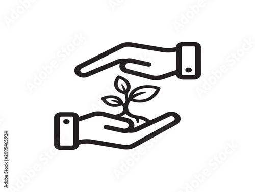 Hands protecting a plant icon. Eco growth symbol. Charity foundation logo.