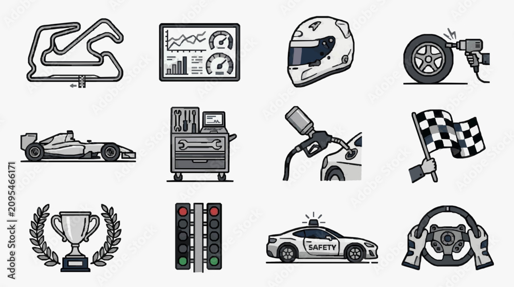 Fototapeta premium Dynamic Racing Concepts Monochrome Illustrations of Formula Cars Safety Gear Tools and Track Elements
