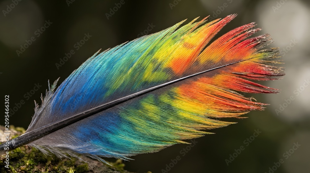Obraz premium Vibrant colorful bird feather macro on mossy branch in forest
