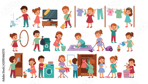 Foto Cute children doing house chores cartoon vector illustration set featuring diver