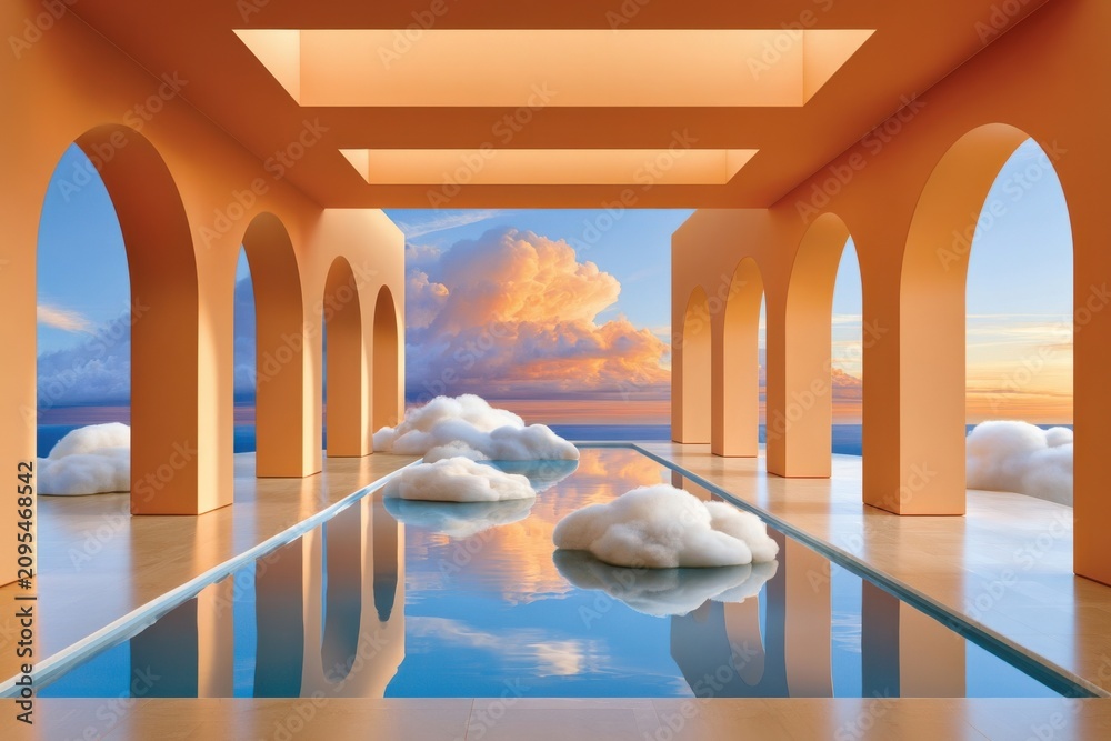 Obraz premium Surreal sunlight-filled arcade with arches and reflective pool dotted with floating clouds at sunset