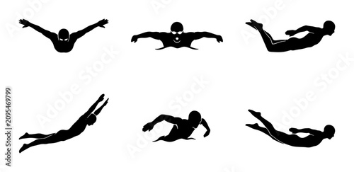 Konstfotografi Swimmer Silhouettes Collection, Six Diverse Poses, Dynamic Water Sports Action,