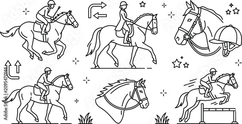 Bild auf Leinwand Equestrian sports line icon set featuring horse riding show jumping dressage rac
