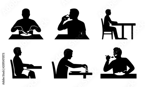 Dining Silhouettes: People Eating, Drinking, and Sitting at Tables, Vector Icons for Lifestyle and Food Concepts
