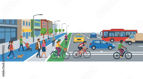 фотографія Urban Street Scene with People Walking, Cycling and Commuting in City Traffic