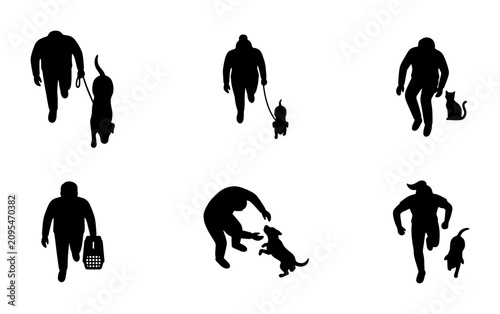 Top-Down Silhouette Icons: People Walking Pets, Playing with Dogs, Vector Set for Lifestyle and Animal Themes