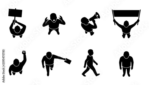 Protest Icons: Top-Down View of Demonstrators Holding Signs, Megaphones, and Banners, Vector Graphics for Social Activism and Public Assembly