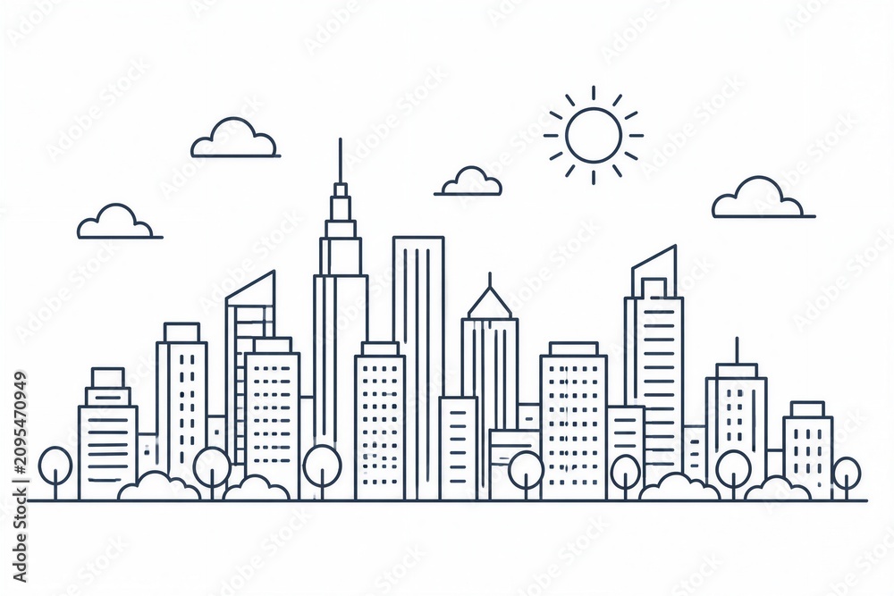 Obraz premium Urban city skyline line drawing with sun and clouds