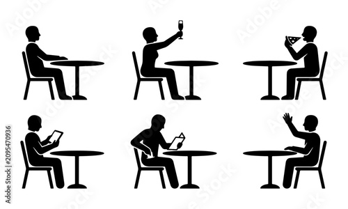 Vector Icons: People Sitting at Tables, Dining, Toasting, Using Devices, Waving, 6 Icons Set, Minimalist Black and White Graphic Resources for Social Gatherings and Dining Concepts