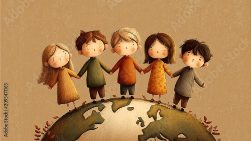 Diverse group of joyful children standing together on a globe symbolizing global unity and hope