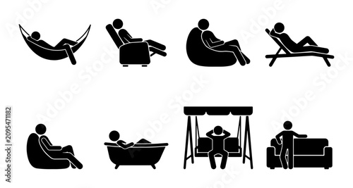 Εκτύπωση καμβά Relaxation Poses Vector Icons Set: Leisure, Comfort, and Rest Silhouettes for Li