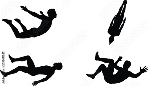 фотографія Man Falling down in Air and Skydiving Action Pose Silhouette Vector Icon Set