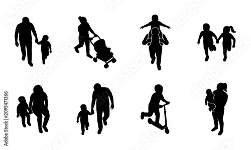 Family Silhouettes Collection: Parents and Children, Stroller, Scooter, Top View Vector Icons for Lifestyle and Community Concepts