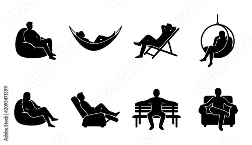 Obraz na płótnie Relaxation Silhouettes: Diverse Seating Poses, Vector Icons for Leisure and Comf
