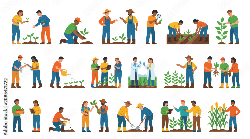 Fototapeta premium Flat Design Vector Illustration of People Working in Agriculture, Farming, Gardening, and Plant Science