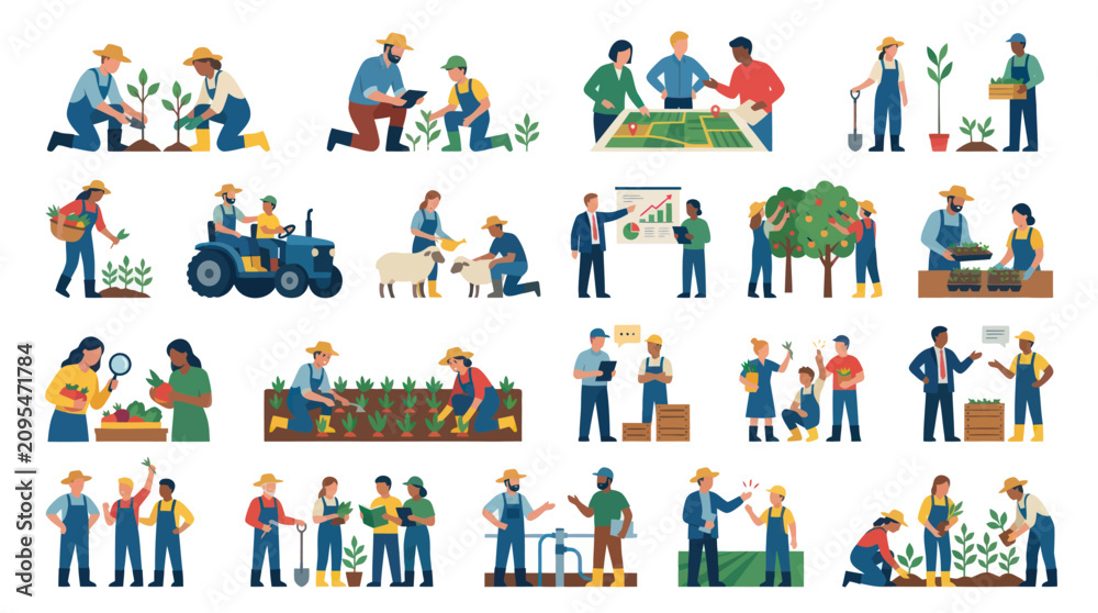 Fototapeta premium Flat Style Agriculture Illustration Set: Farmers Working, Planting, Harvesting Farm Management