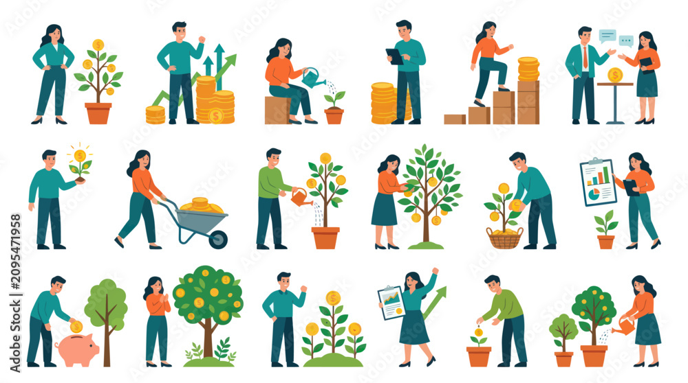 Fototapeta premium Flat Design People Growing Money Investing Finance Business Growth Concept