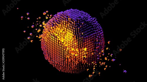 Vibrant voxel art energy sphere with colorful cubes on black background with glowing cubes shades orange yellow purple isolated made small glowing