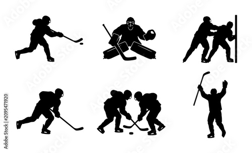Obraz na plátně Ice Hockey Action Silhouettes: Player Shooting Puck, Goalie Defending Net, Fight