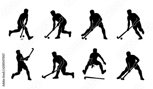 Field Hockey Player Silhouettes, Dynamic Action Poses, Sports Vector Icons Set, Athletic Performance Graphics, Black and White Athlete Illustrations