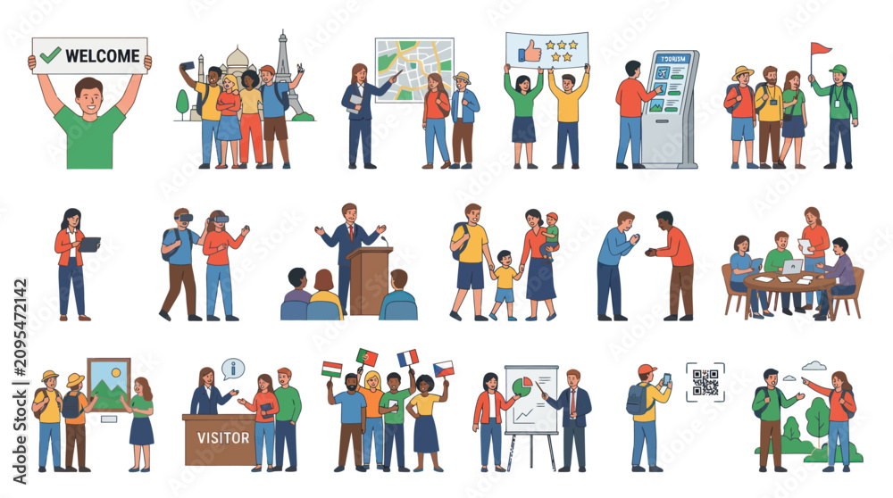 Fototapeta premium Linear Flat Vector Illustrations of Travel, Business, and Technology Human Interactions and Activities Set