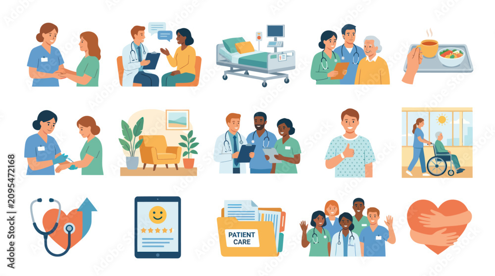 Fototapeta premium Medical Healthcare Vector Icons: Doctors, Patients, Hospital, Stethoscope, Flat Design