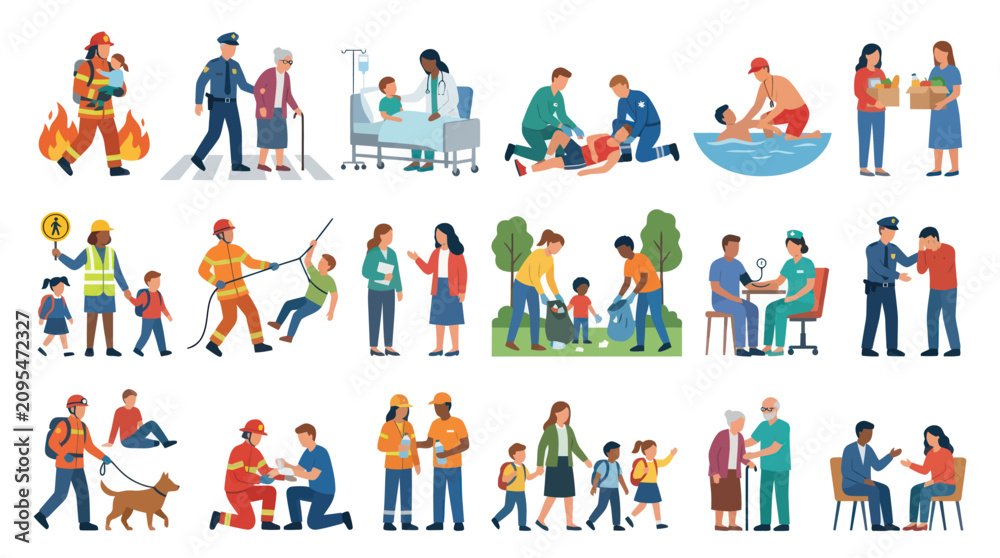Fototapeta premium Community Help and Assistance Flat Icons: Firefighter, Doctor, Police, Volunteer