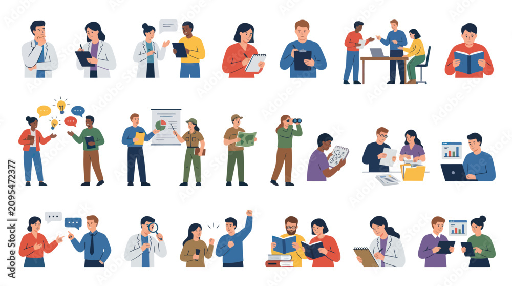 Fototapeta premium Flat Vector People Characters Collection: Diverse Professionals in Business, Education, Healthcare Research