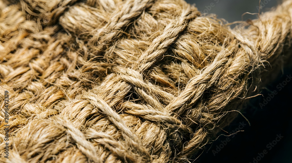 Fototapeta premium Macro close up of woven natural hemp rope texture with organic fibers