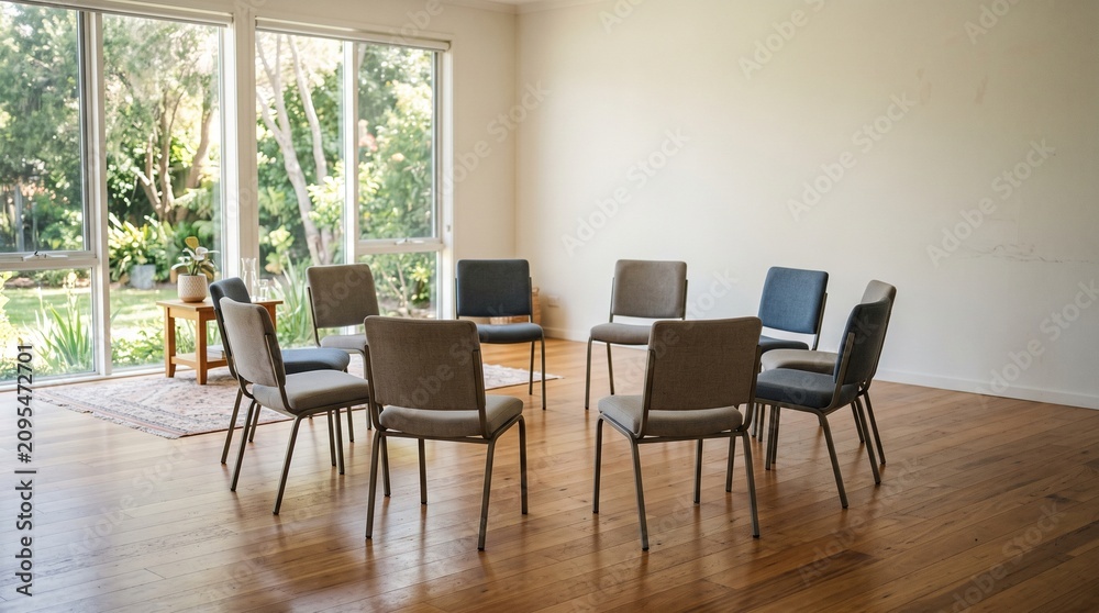 Fototapeta premium Empty chairs arranged in a circle in a bright room with large windows overlooking a garden