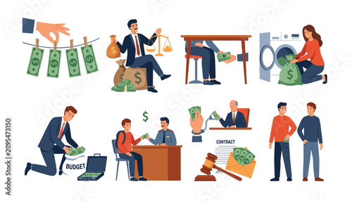 Фотография PrintFinancial crime and corruption flat vector concept illustration showing mon