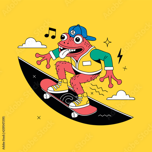 Cool frog on skateboard. character cartoon illustration with musical notes and geometric elements.