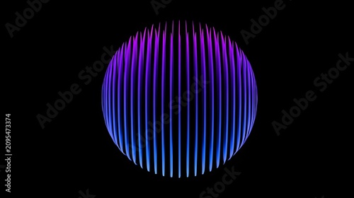 Glowing purple and blue sphere with vertical bars on black background with against solid black hues set against composed vertical technology