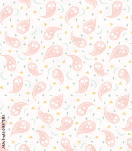 Cute hand painted Halloween ghosts swaying in the sky filled with moons and stars in muted colors of pink, blue and yellow on white. Abstract holiday seamless vector pattern. Great for home decor, etc