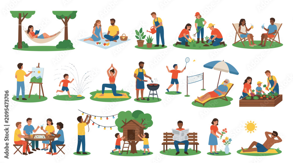 Fototapeta premium Flat Style Illustration of People Enjoying Summer Outdoor Activities