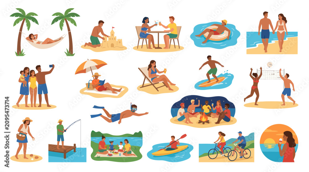Fototapeta premium Flat Style Vector Illustrations of Diverse People Enjoying Summer Beach Activities