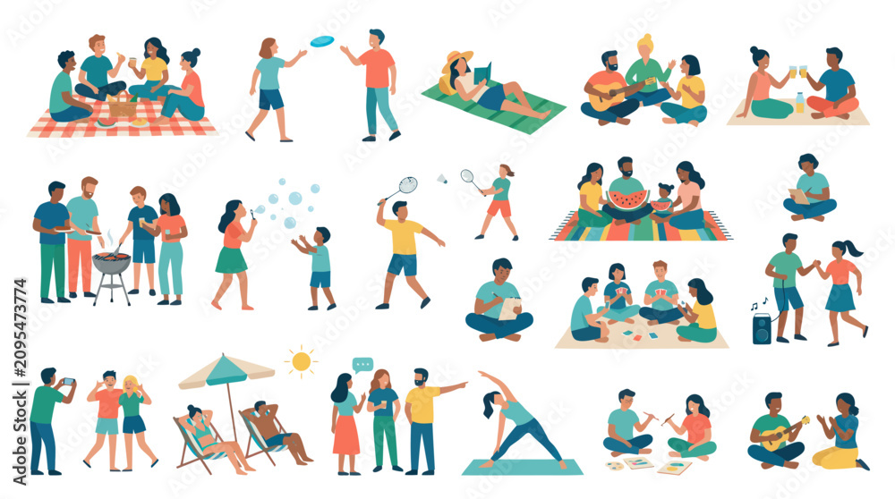 Fototapeta premium People Enjoying Leisure Activities Flat Vector Illustration Set: Friends, Family Social Lifestyle Moments