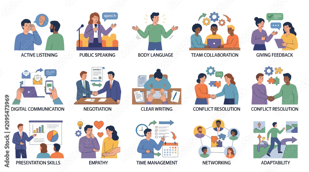 Fototapeta premium Professional Development Soft Skills Concepts Flat Vector Illustration Set for Business Education