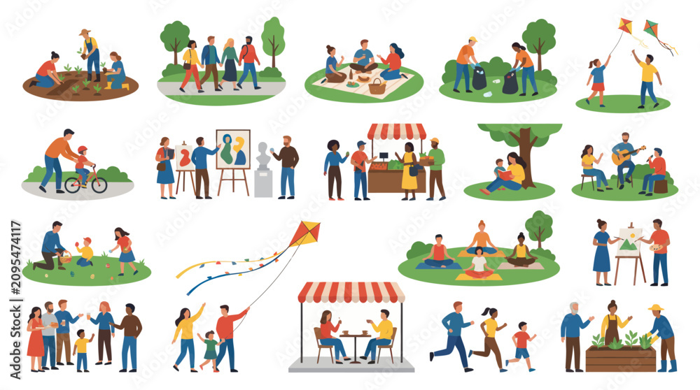 Fototapeta premium People Engaging in Diverse Outdoor Lifestyle, Recreation, and Community Activities. Flat Vector Illustration Collection.