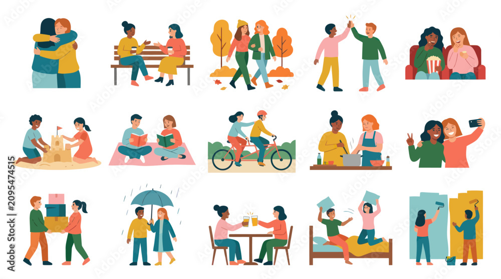 Fototapeta premium Flat Style Illustration of Diverse People Enjoying Friendship and Activities