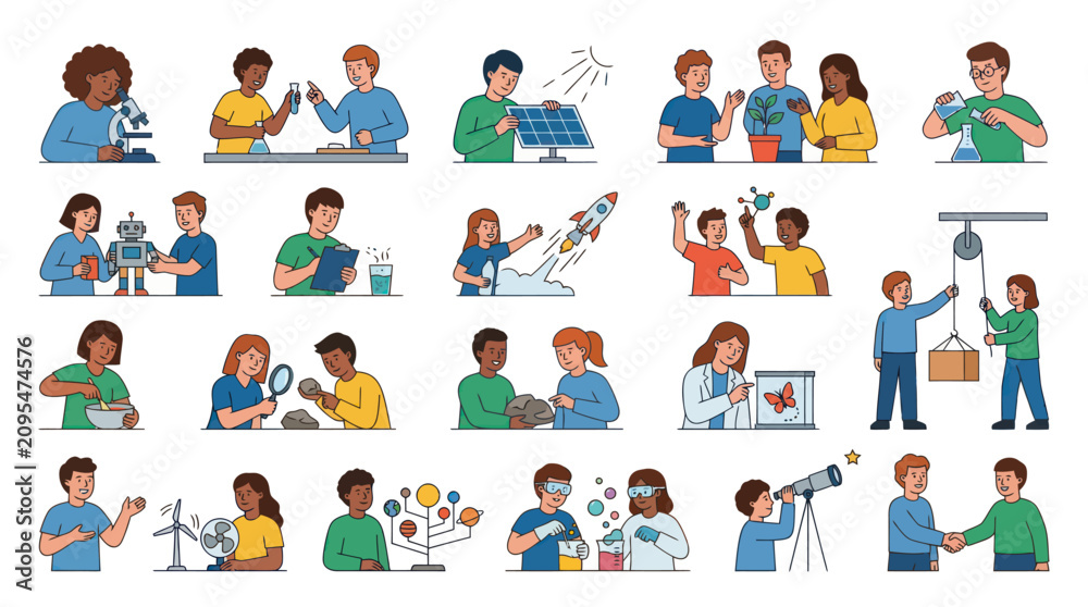 Fototapeta premium Diverse kids in science exploring technology and nature, flat vector art