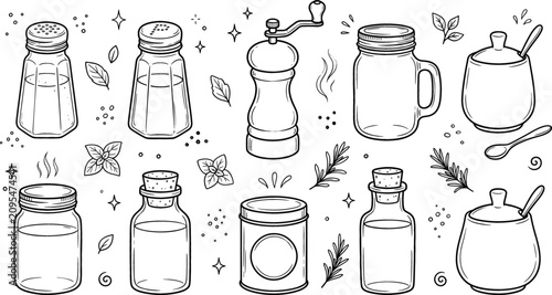 Foto Hand drawn kitchen spice jars salt and pepper shakers grinder and herbs vector i