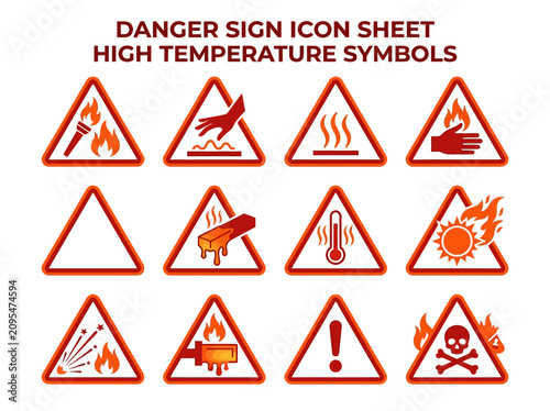A grid of twelve triangular orangebordered hazard icons illustrating various hightemperature warning signs