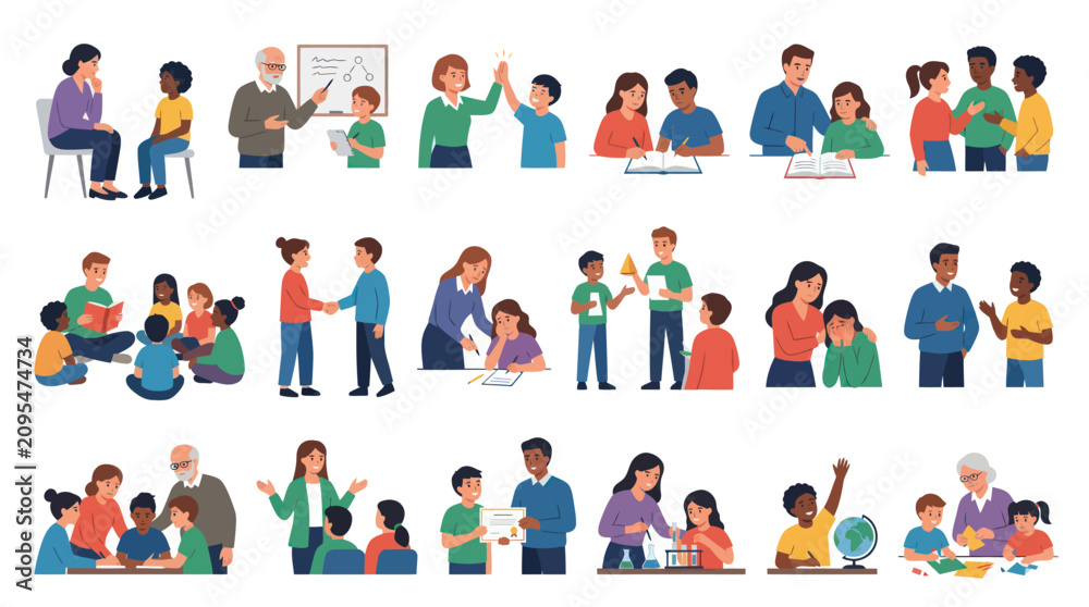Fototapeta premium Diverse people learning and teaching, flat illustration for education and community