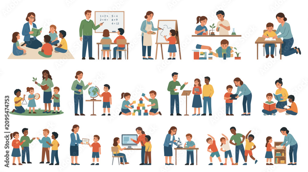 Fototapeta premium Childhood Education Learning Flat Vector Illustration Set: Teachers and Kids in Various School Activities