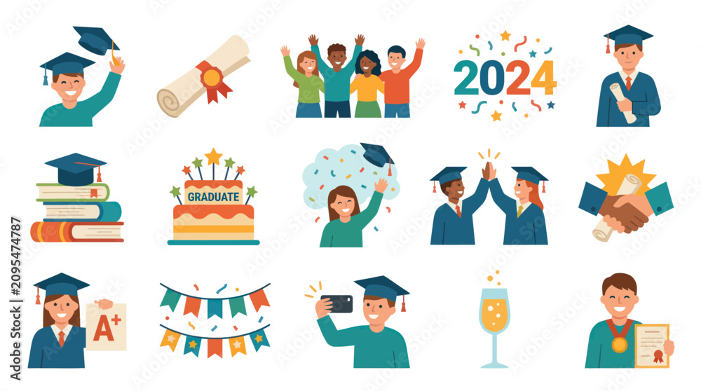 Fototapeta premium Flat Illustration Set: Graduation Caps, Books, Cake, Diploma Celebrations 2024