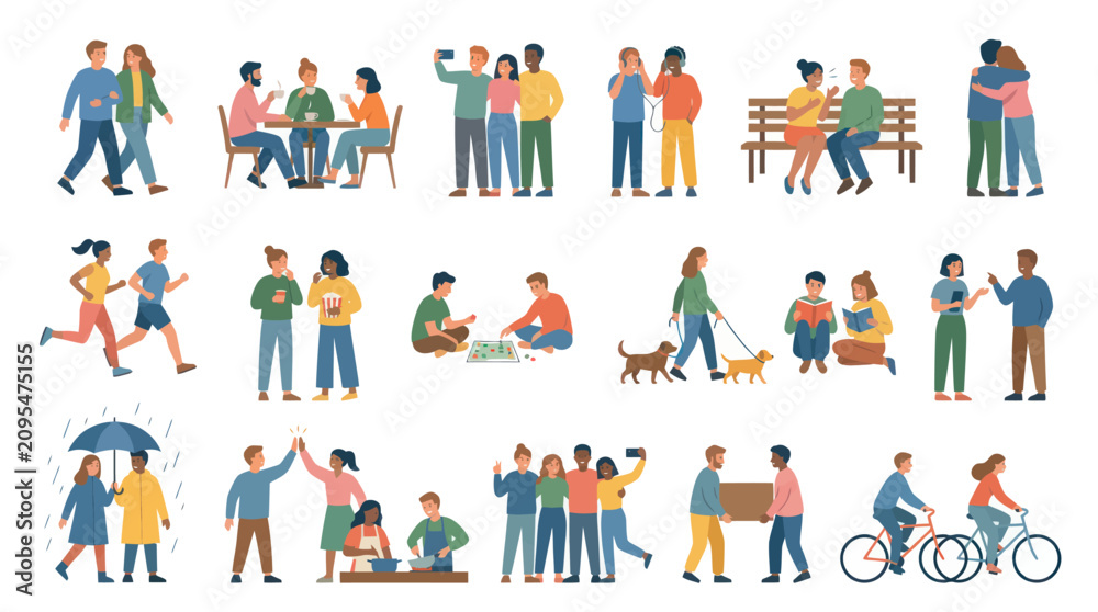 Fototapeta premium Flat Design Vector Illustration Set of Diverse People Engaging in Social Activities, Friendship, and Daily Life