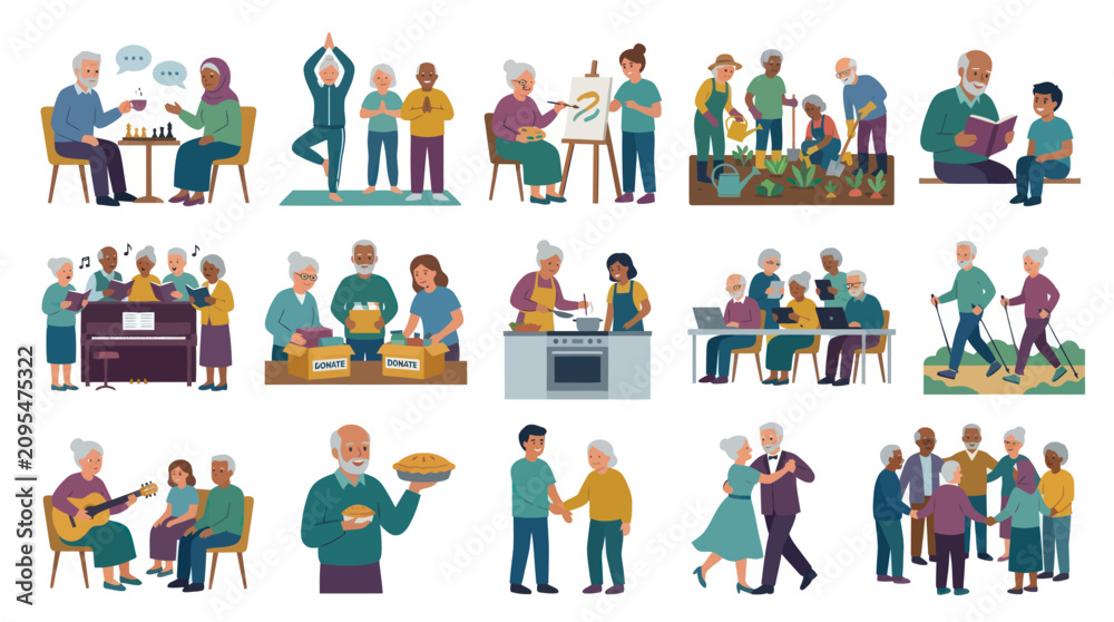 Fototapeta premium Seniors enjoying various hobbies and activities, Flat Illustration, Retirement Life