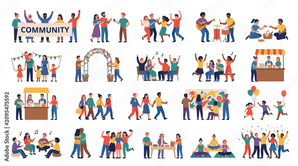 Fototapeta premium Community Activities and Social Interaction Flat Vector Illustrations Set